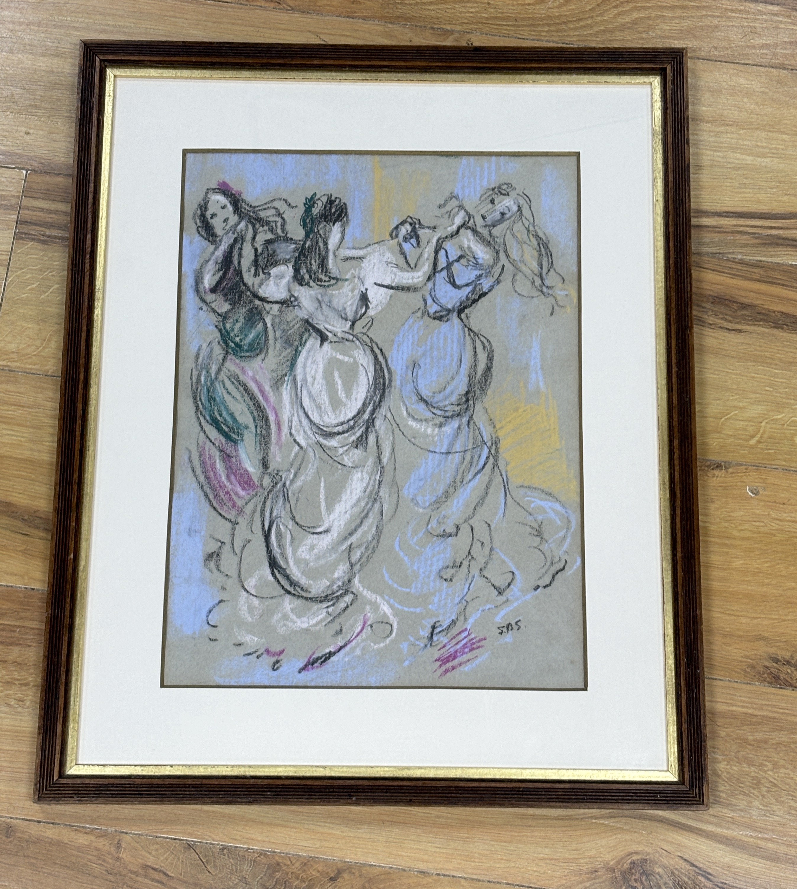 Elinor Bellingham-Smith (1906-1988), chalk on paper, 'Three dancers', signed with initials, inscribed verso, 40 x 30cm, Provenance: The artist's family coloured chalks, studio stamp